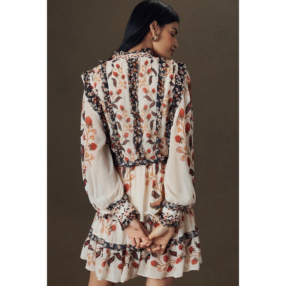 Farm Rio Ruffled Mock Neck Mini Dress Small Berry Garden Botanical Floral Tiered - Picture 16 of 16